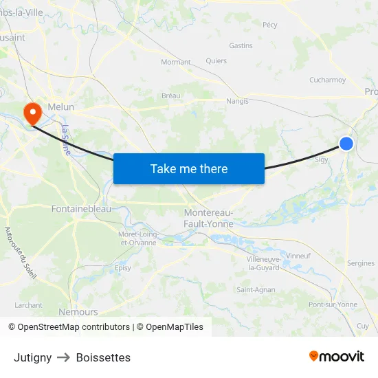 Jutigny to Boissettes map