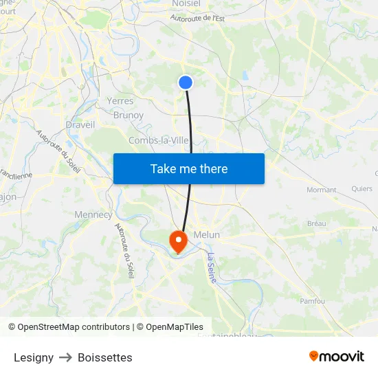 Lesigny to Boissettes map