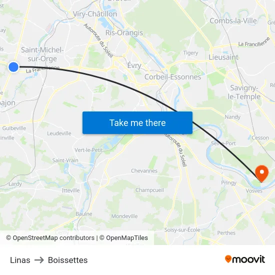 Linas to Boissettes map