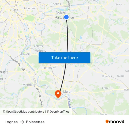 Lognes to Boissettes map