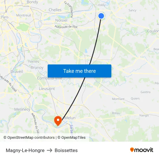 Magny-Le-Hongre to Boissettes map