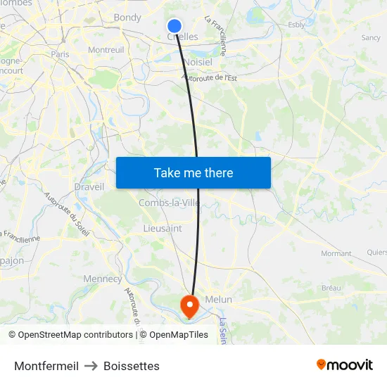 Montfermeil to Boissettes map