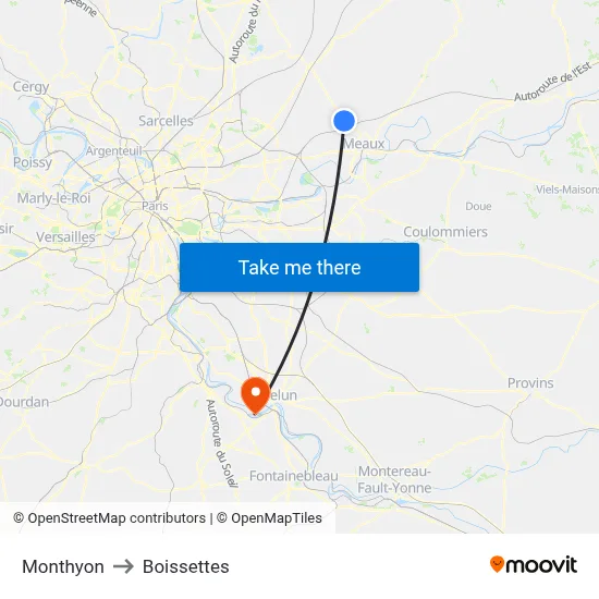Monthyon to Boissettes map