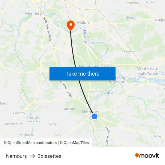 Nemours to Boissettes map