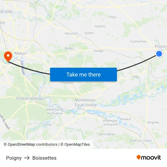 Poigny to Boissettes map