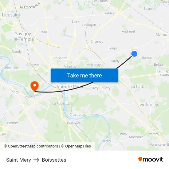 Saint-Mery to Boissettes map