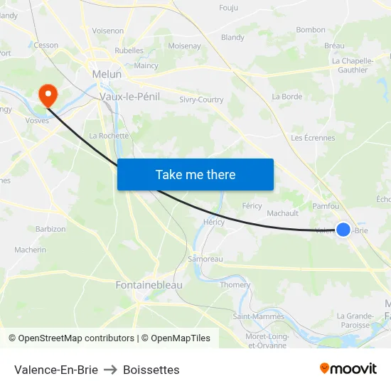 Valence-En-Brie to Boissettes map
