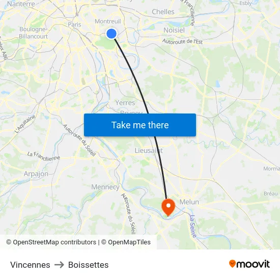Vincennes to Boissettes map