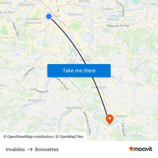 Invalides to Boissettes map