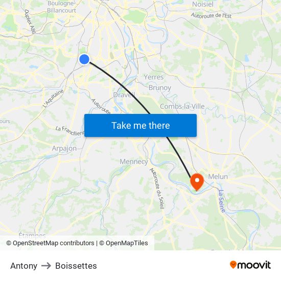 Antony to Boissettes map