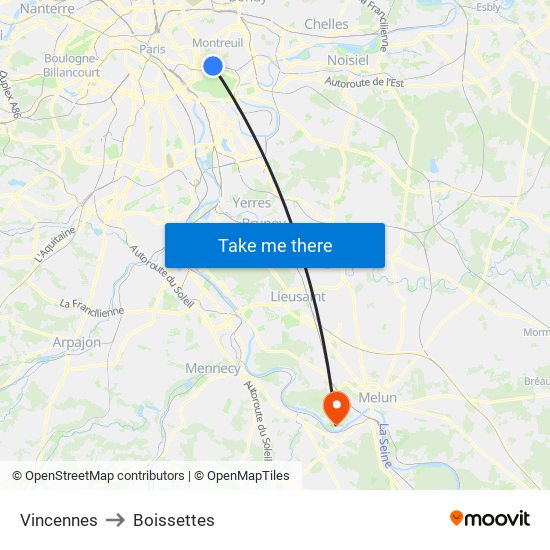 Vincennes to Boissettes map
