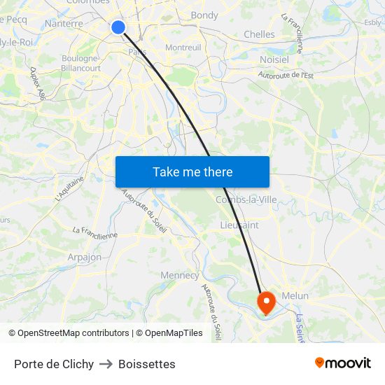 Porte de Clichy to Boissettes map