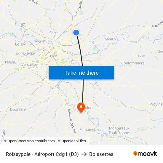 Roissypole - Aéroport Cdg1 (D3) to Boissettes map