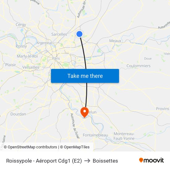 Roissypole - Aéroport Cdg1 (E2) to Boissettes map