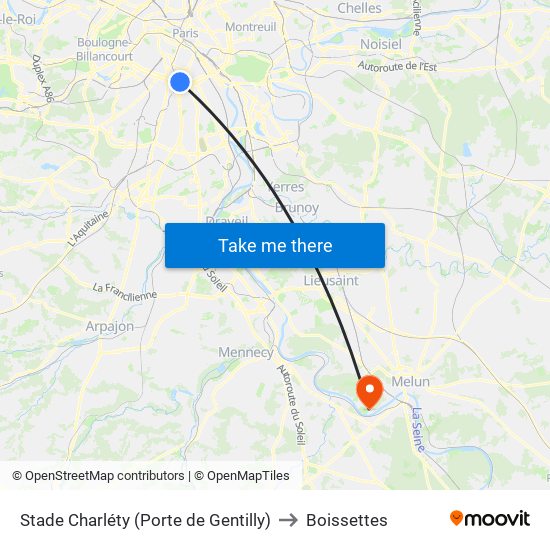 Stade Charléty (Porte de Gentilly) to Boissettes map
