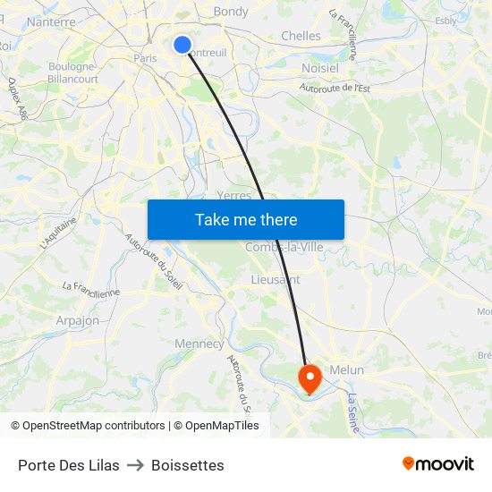 Porte Des Lilas to Boissettes map