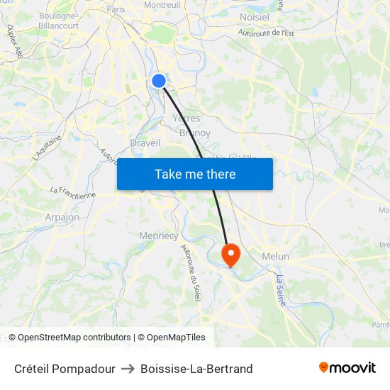 Créteil Pompadour to Boissise-La-Bertrand map