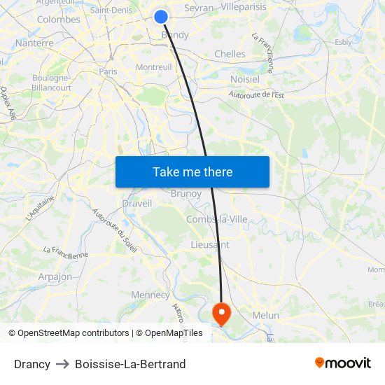 Drancy to Boissise-La-Bertrand map