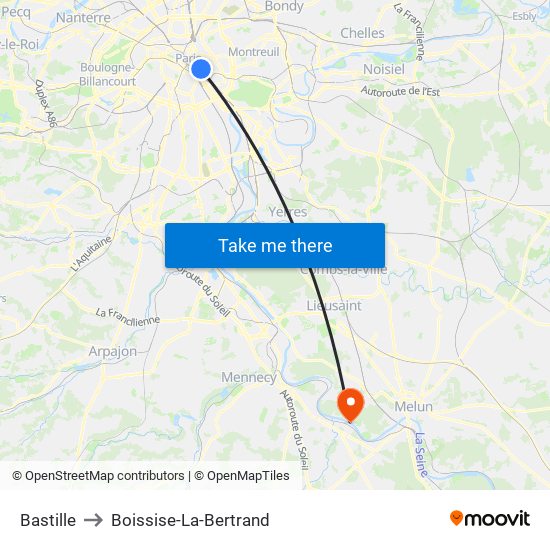 Bastille to Boissise-La-Bertrand map