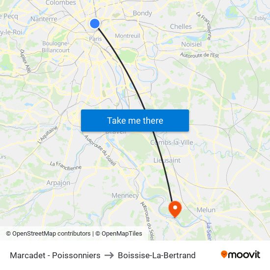 Marcadet - Poissonniers to Boissise-La-Bertrand map