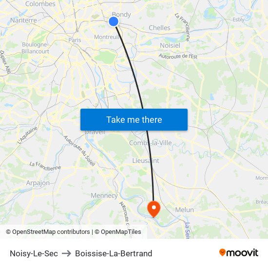 Noisy-Le-Sec to Boissise-La-Bertrand map