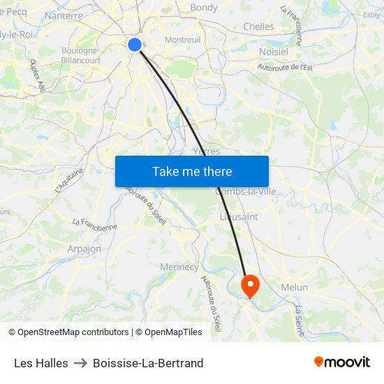 Les Halles to Boissise-La-Bertrand map
