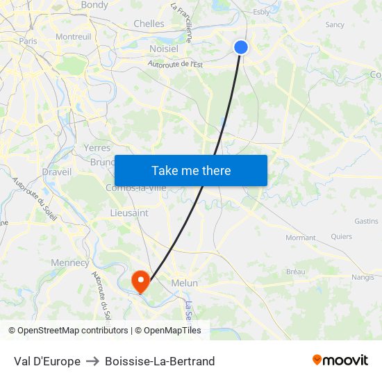 Val D'Europe to Boissise-La-Bertrand map