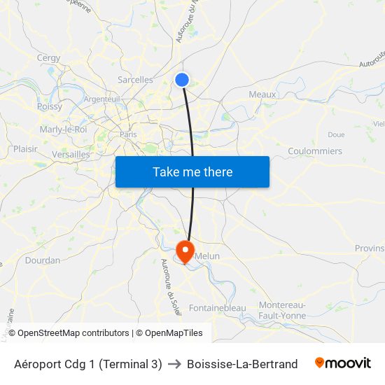 Aéroport Cdg 1 (Terminal 3) to Boissise-La-Bertrand map