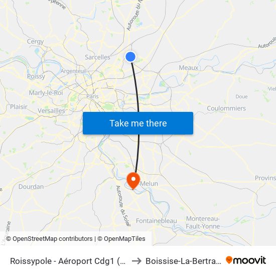 Roissypole - Aéroport Cdg1 (D3) to Boissise-La-Bertrand map