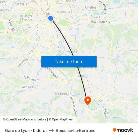 Gare de Lyon - Diderot to Boissise-La-Bertrand map