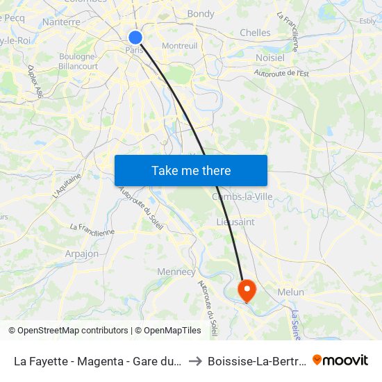 La Fayette - Magenta - Gare du Nord to Boissise-La-Bertrand map