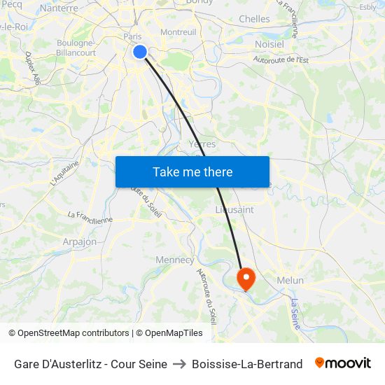 Gare D'Austerlitz - Cour Seine to Boissise-La-Bertrand map