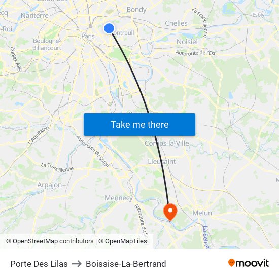 Porte Des Lilas to Boissise-La-Bertrand map