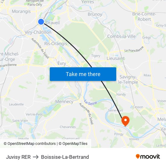 Juvisy RER to Boissise-La-Bertrand map