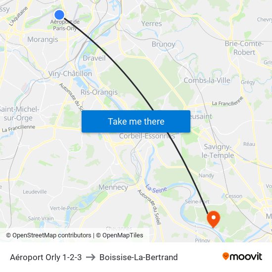 Aéroport Orly 1-2-3 to Boissise-La-Bertrand map