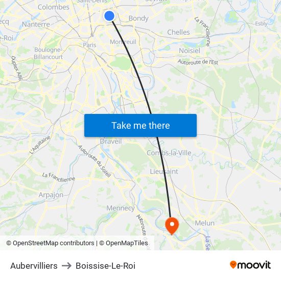 Aubervilliers to Boissise-Le-Roi map