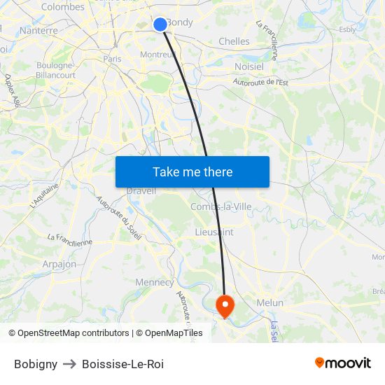 Bobigny to Boissise-Le-Roi map