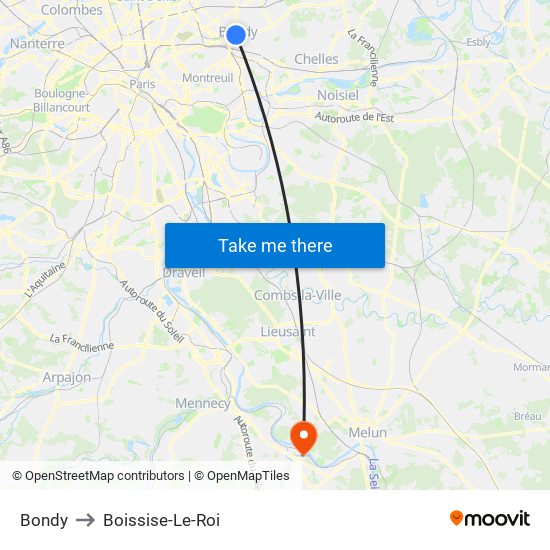 Bondy to Boissise-Le-Roi map