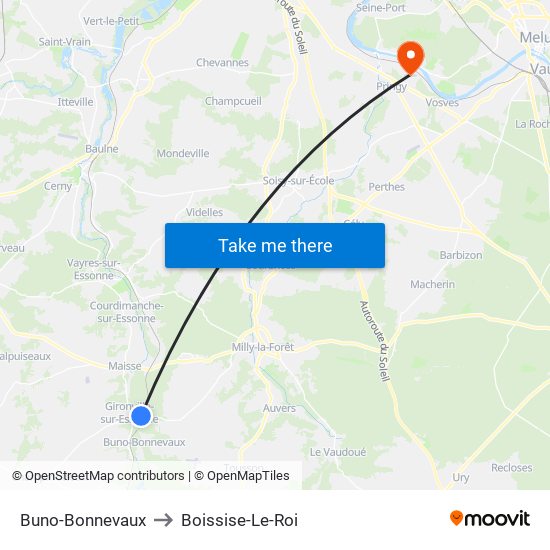 Buno-Bonnevaux to Boissise-Le-Roi map