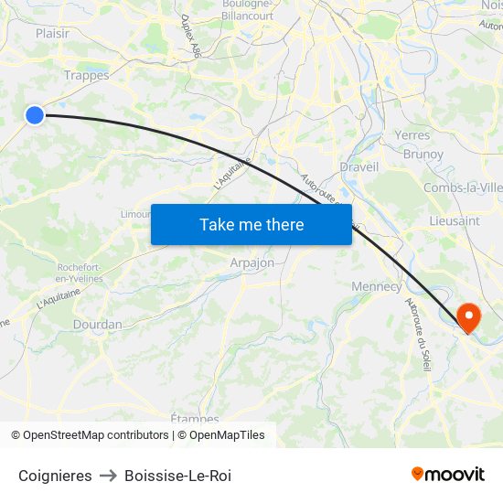 Coignieres to Boissise-Le-Roi map