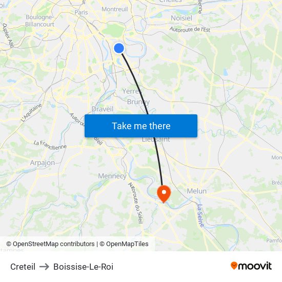 Creteil to Boissise-Le-Roi map