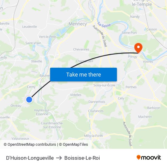 D'Huison-Longueville to Boissise-Le-Roi map