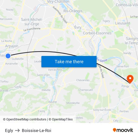 Egly to Boissise-Le-Roi map