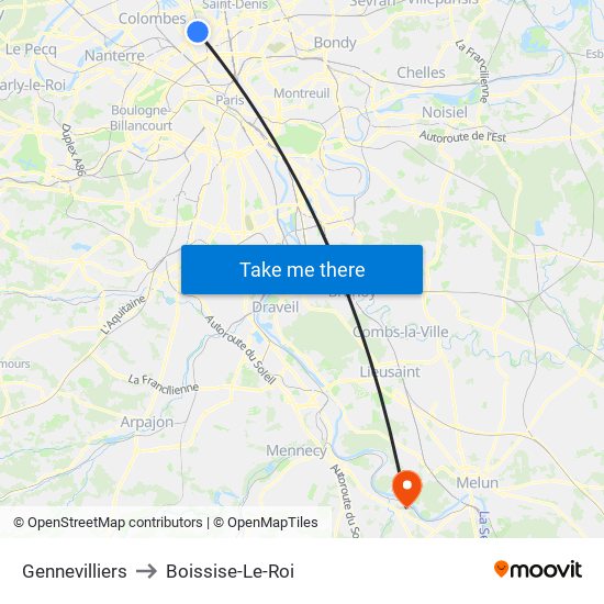 Gennevilliers to Boissise-Le-Roi map