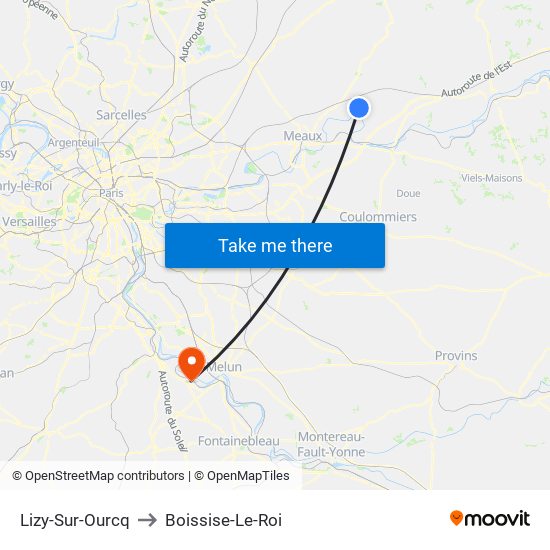 Lizy-Sur-Ourcq to Boissise-Le-Roi map