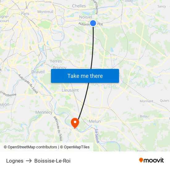 Lognes to Boissise-Le-Roi map