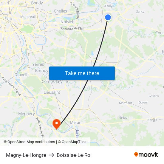 Magny-Le-Hongre to Boissise-Le-Roi map