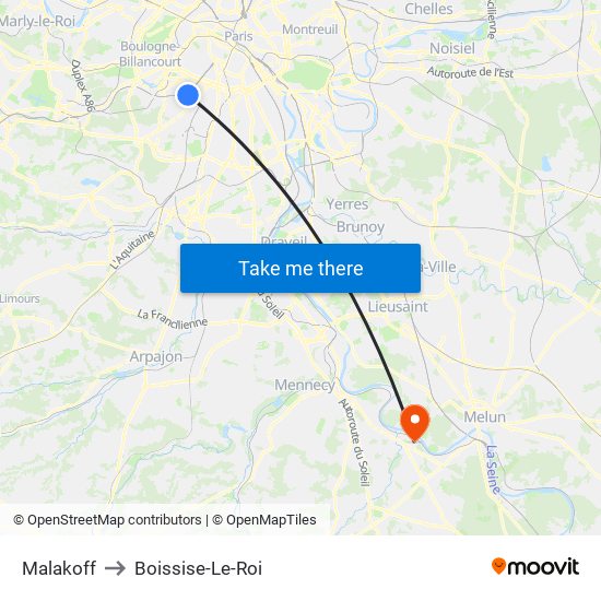 Malakoff to Boissise-Le-Roi map