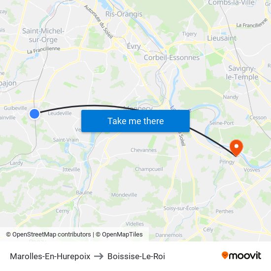 Marolles-En-Hurepoix to Boissise-Le-Roi map