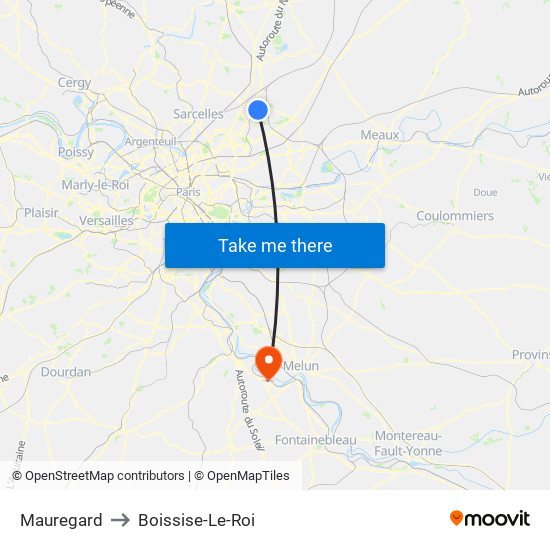 Mauregard to Boissise-Le-Roi map